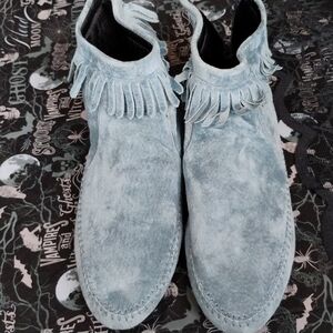 Light Blue Suede Ankle Boots with Fringe